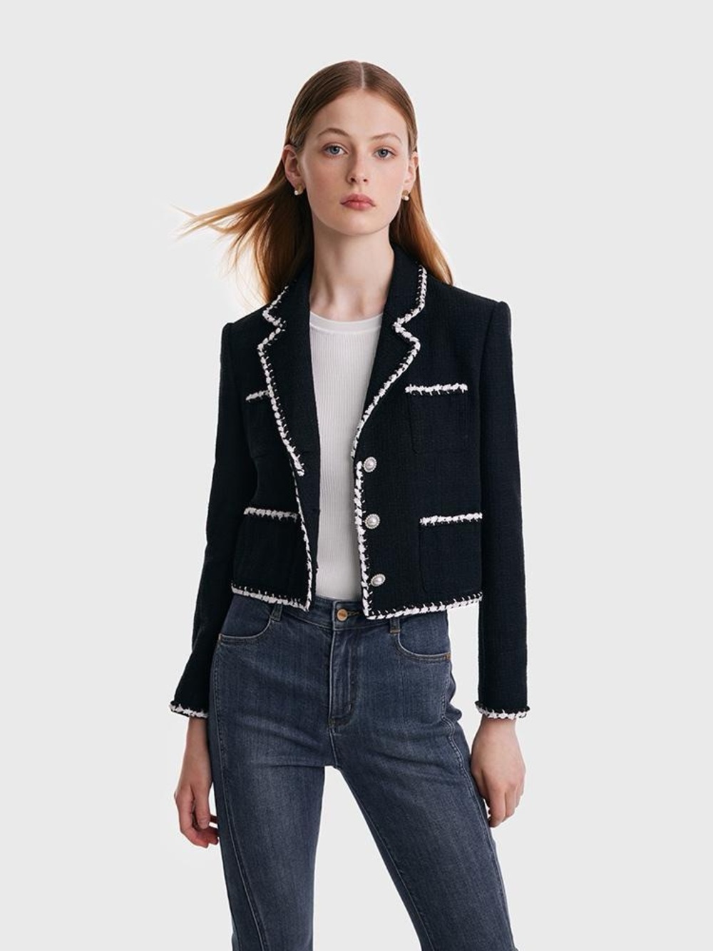 Goelia Cropped Black Tweed Jacket with White Trim